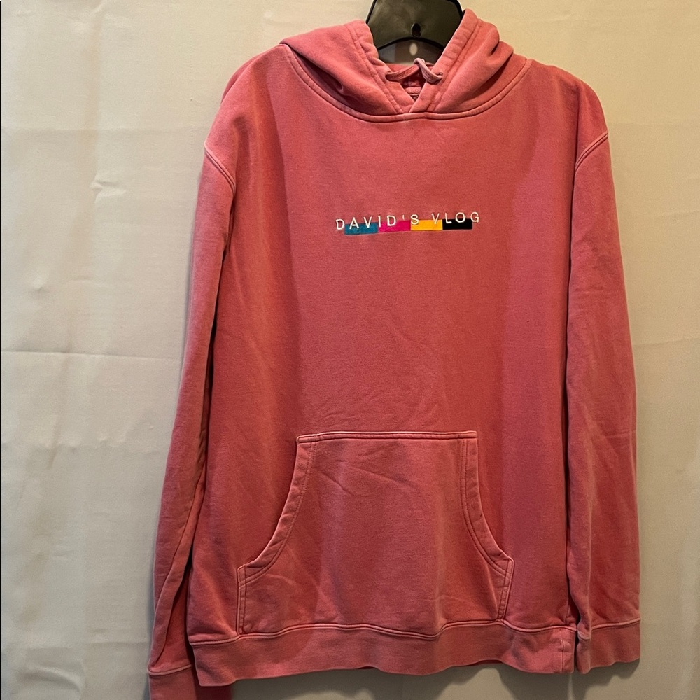 David’s Vlog Pink Pullover Women’s Hoodie with Colorful Logo front pocket USED M